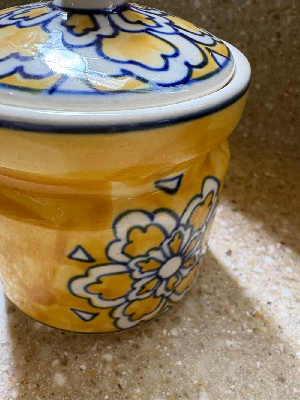 Pier 1 Imports Toscana Yellow/Blue Hand Painted Ceramic Spice Jar w/Sealing Lid - Picture 3 of 9